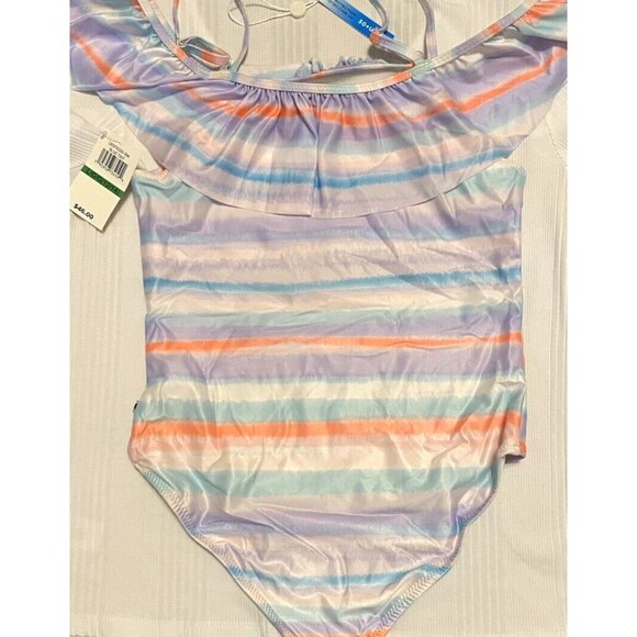 LUCKY BRAND Sz L (12/14) Big GIRLS Swimsuit 1 PC RUFFLE Striped Off Shoulder NEW - Picture 4 of 8